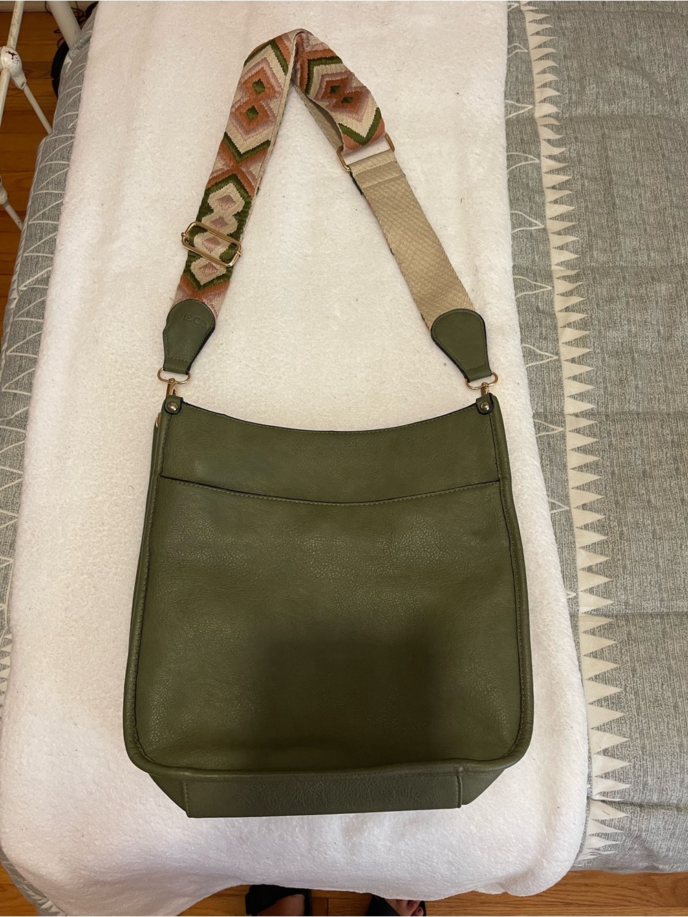 Olive Green Crossbody Tote with Patterned Adjustable Strap